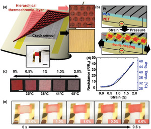 Strain-visualization with ultrasensitive nanoscale crack-based sensor assembled with hierarchical thermochromic membrane